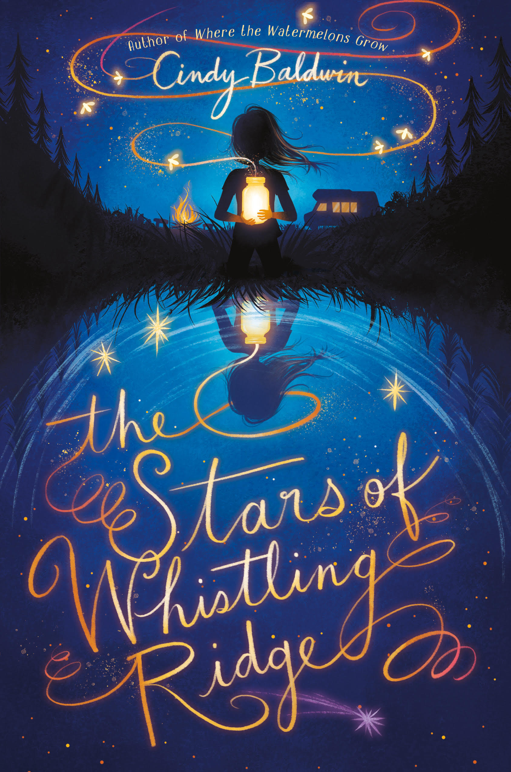 A dark blue cover with silhouette of girl releasing fireflies all reflected a pond.